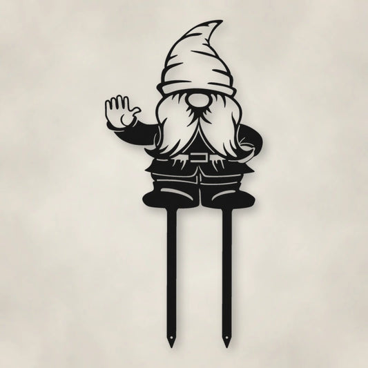 Gnome Metal Garden Sign shown in Matte Black powder coat finish.