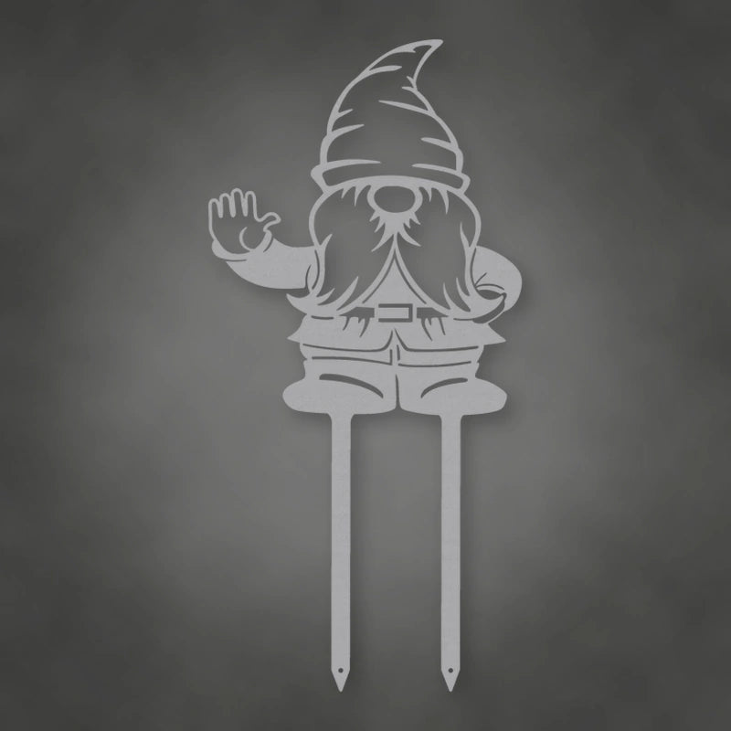 Gnome Metal Garden Sign shown in Metallic Silver powder coat finish.