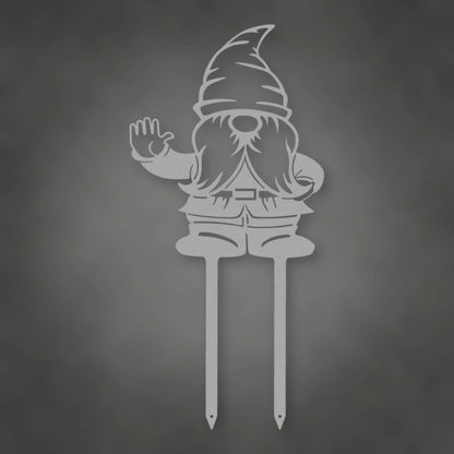 Gnome Metal Garden Sign shown in Metallic Silver powder coat finish.