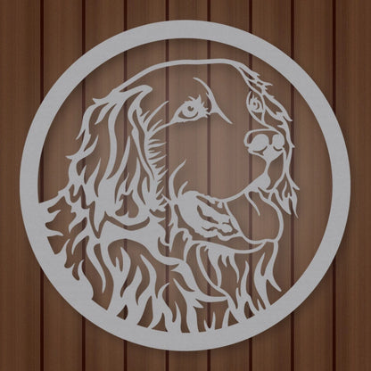 Golden Retriever Dog Silhouette Metal Sign shown in Metallic Silver powder coat finish.