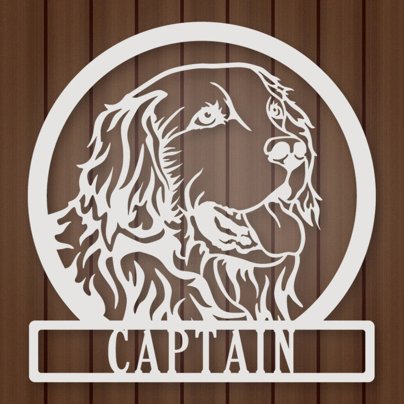 Golden Retriever Dog Silhouette With Personalized Name Metal Sign shown in Gloss White powder coat finish.