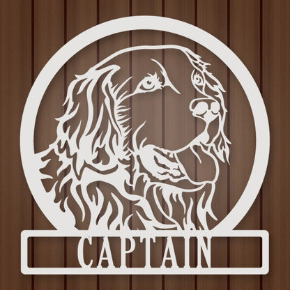Golden Retriever Dog Silhouette With Personalized Name Metal Sign shown in Gloss White powder coat finish.