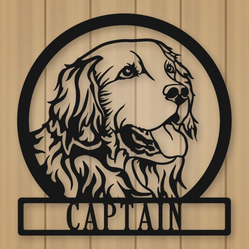 Golden Retriever Dog Silhouette With Personalized Name Metal Sign shown in Matte Black powder coat finish.