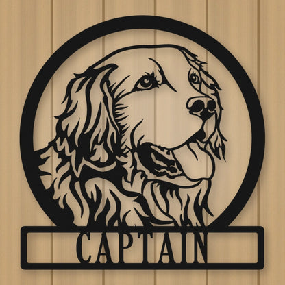 Golden Retriever Dog Silhouette With Personalized Name Metal Sign shown in Matte Black powder coat finish.