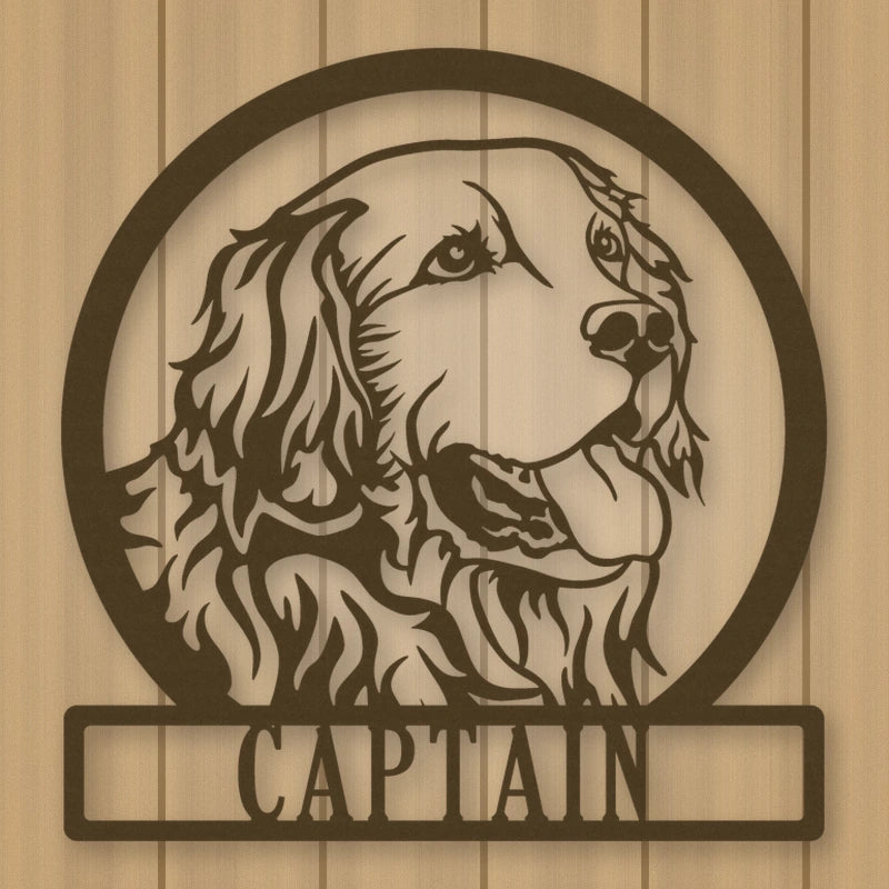 Golden Retriever Dog Silhouette With Personalized Name Metal Sign shown in Metallic Bronze powder coat finish.