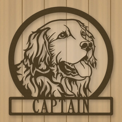 Golden Retriever Dog Silhouette With Personalized Name Metal Sign shown in Metallic Bronze powder coat finish.