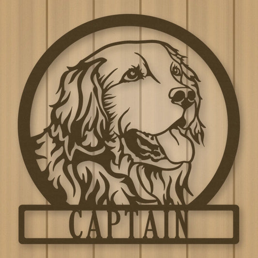Golden Retriever Dog Silhouette With Personalized Name Metal Sign shown in Metallic Bronze powder coat finish.