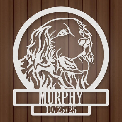 Golden Retriever Dog Silhouette With Personalized Name And Date Metal Sign shown in Gloss White powder coat finish.
