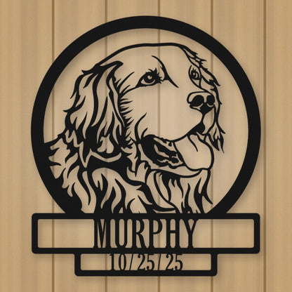 Golden Retriever Dog Silhouette With Personalized Name And Date Metal Sign shown in Matte Black powder coat finish.