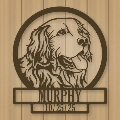 Golden Retriever Dog Silhouette With Personalized Name And Date Metal Sign shown in Metallic Bronze powder coat finish.