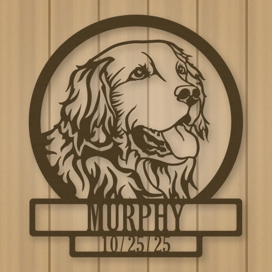 Golden Retriever Dog Silhouette With Personalized Name And Date Metal Sign shown in Metallic Bronze powder coat finish.