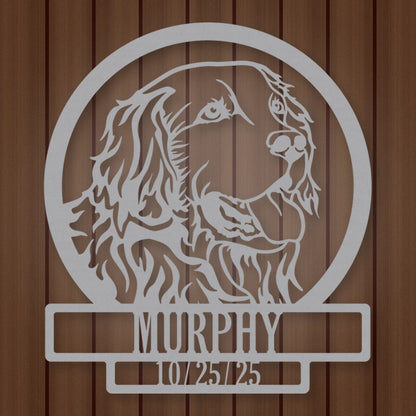 Golden Retriever Dog Silhouette With Personalized Name And Date Metal Sign shown in Metallic Silver powder coat finish.