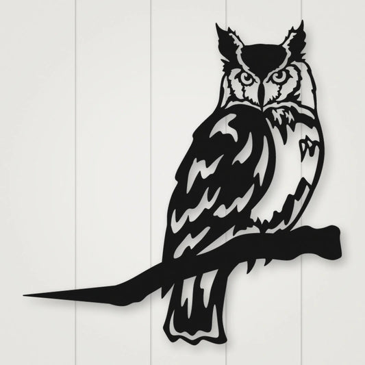 Owl Metal Tree Sign shown in Matte Black powder coat finish.