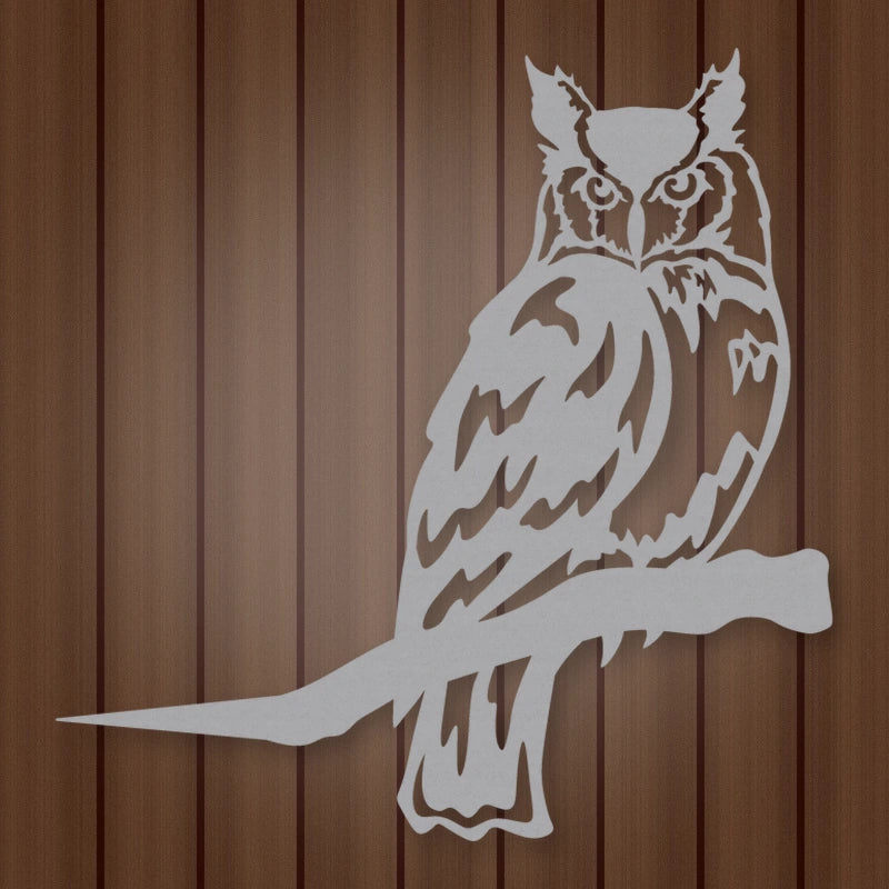 Owl Metal Tree Sign shown in Metallic Silver powder coat finish.
