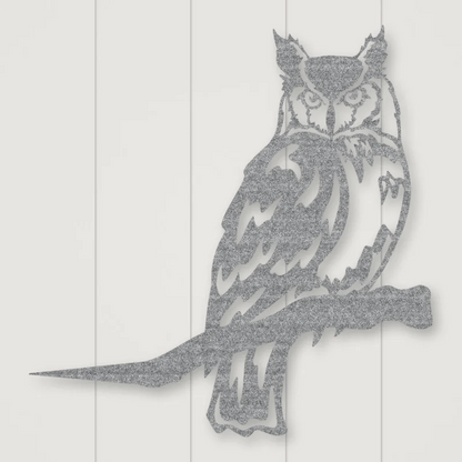 Owl Metal Tree Sign Raw Steel / Rust animated finish preview Shopify Ready.