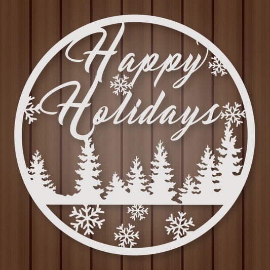 Happy Holidays Metal Wall Sign shown in Gloss White powder coat finish.