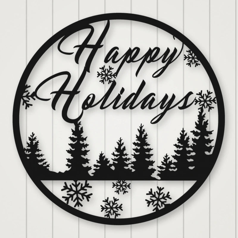Happy Holidays Metal Wall Sign shown in Matte Black powder coat finish.