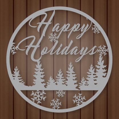 Happy Holidays Metal Wall Sign shown in Metallic Silver powder coat finish.