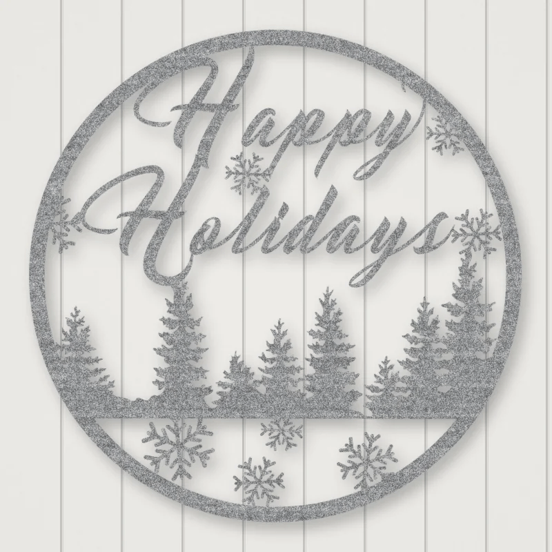 Happy Holidays Metal Wall Sign Raw Steel / Rust animated finish preview Shopify Ready.