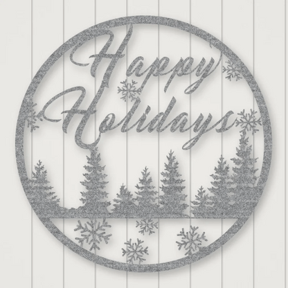 Happy Holidays Metal Wall Sign Raw Steel / Rust animated finish preview Shopify Ready.