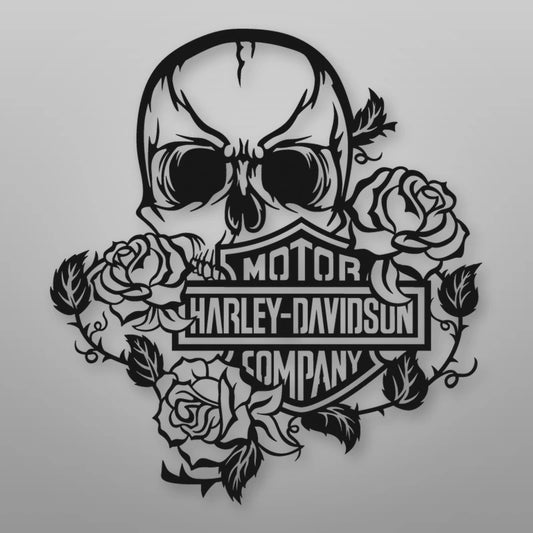 Harley Davidson Skull Roses Metal Sign shown in Matte Black powder coat finish.