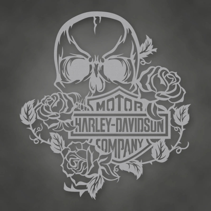 Harley Davidson Skull Roses Metal Sign shown in Metallic Silver powder coat finish.