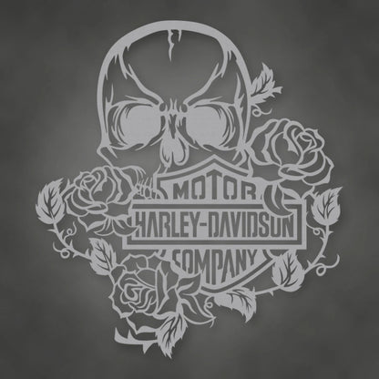 Harley Davidson Skull Roses Metal Sign shown in Metallic Silver powder coat finish.