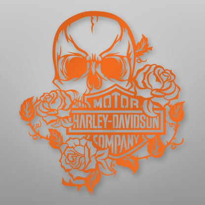 Harley Davidson Skull Roses Metal Sign shown in Orange powder coat finish.