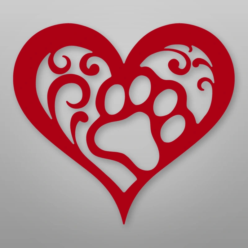 Dog Paw Heart Metal Sign shown in Gloss Red powder coat finish.
