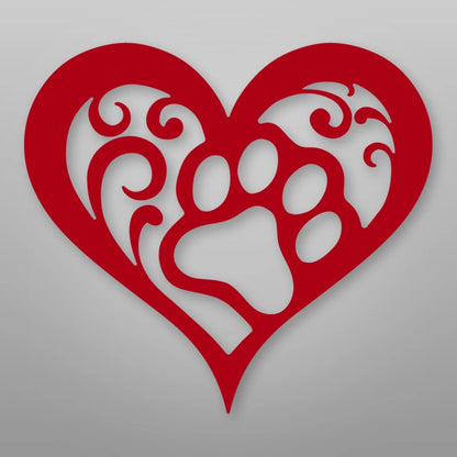 Dog Paw Heart Metal Sign shown in Gloss Red powder coat finish.