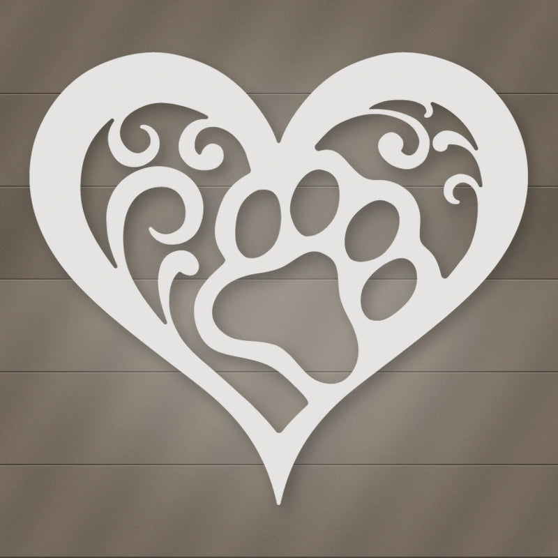 Dog Paw Heart Metal Sign shown in Gloss White powder coat finish.