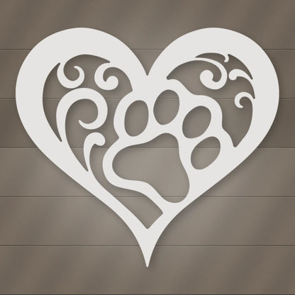 Dog Paw Heart Metal Sign shown in Gloss White powder coat finish.