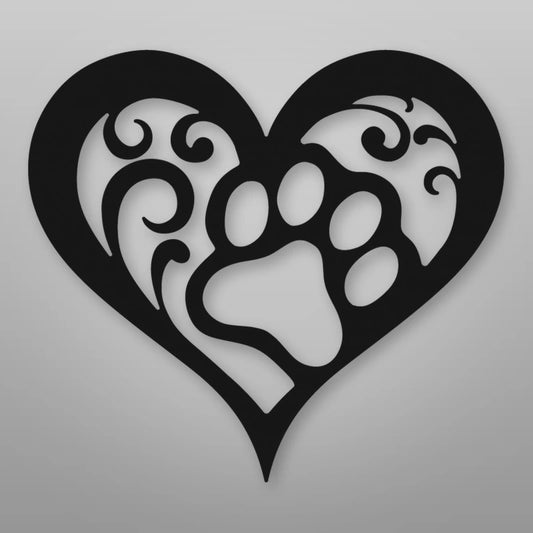Dog Paw Heart Metal Sign shown in Matte Black powder coat finish.