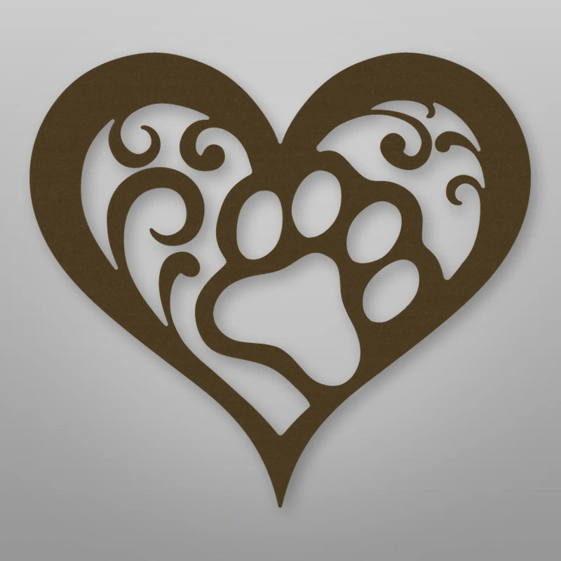 Dog Paw Heart Metal Sign shown in Metallic Bronze powder coat finish.
