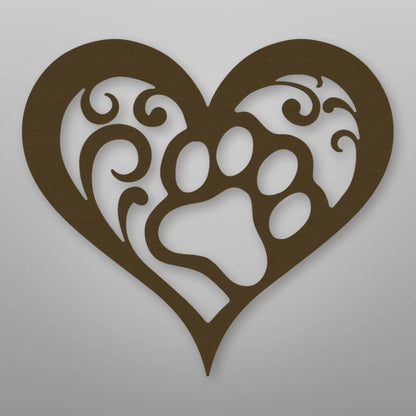 Dog Paw Heart Metal Sign shown in Metallic Bronze powder coat finish.