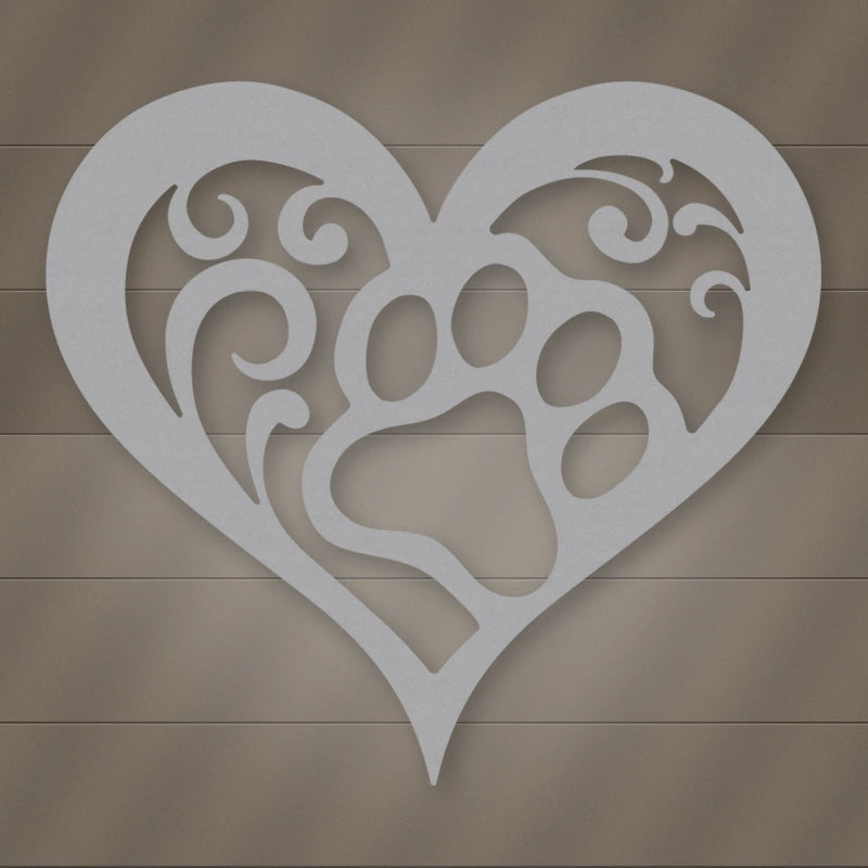 Dog Paw Heart Metal Sign shown in Metallic Silver powder coat finish.