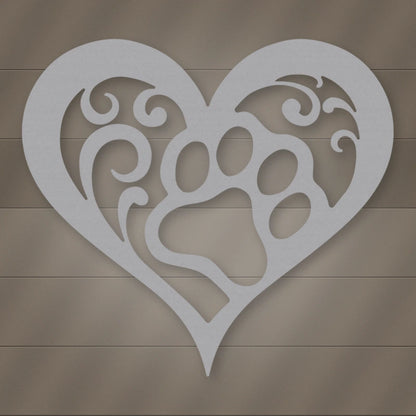 Dog Paw Heart Metal Sign shown in Metallic Silver powder coat finish.