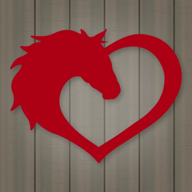 Horse Love Heart Metal Sign shown in Gloss Red powder coat finish.