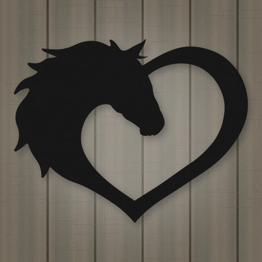 Horse Love Heart Metal Sign shown in Matte Black powder coat finish.
