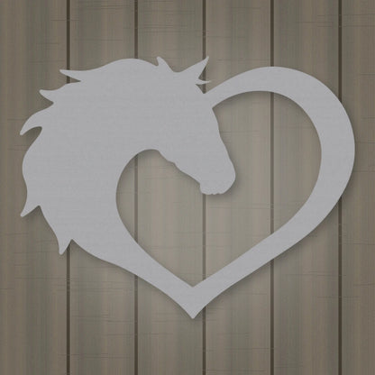 Horse Love Heart Metal Sign shown in Metallic Silver powder coat finish.