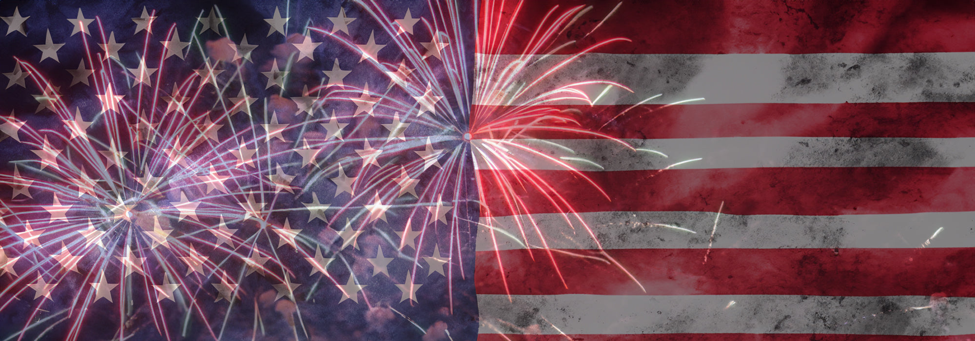 Wide angle American Flag background with fireworks