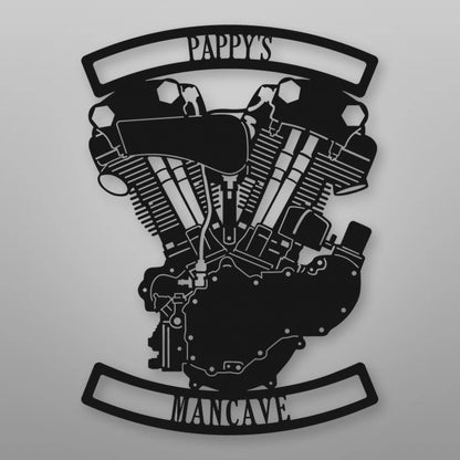 Personalized Knucklehead Engine Metal Garage Sign shown in Matte Black powder coat finish.