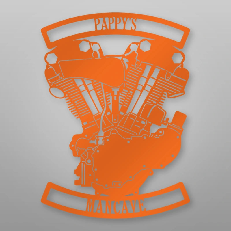 Personalized Knucklehead Engine Metal Garage Sign shown in Orange powder coat finish.