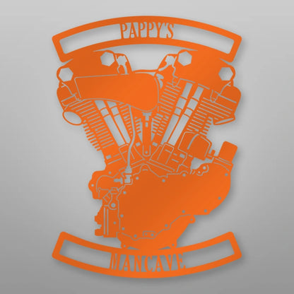 Personalized Knucklehead Engine Metal Garage Sign shown in Orange powder coat finish.