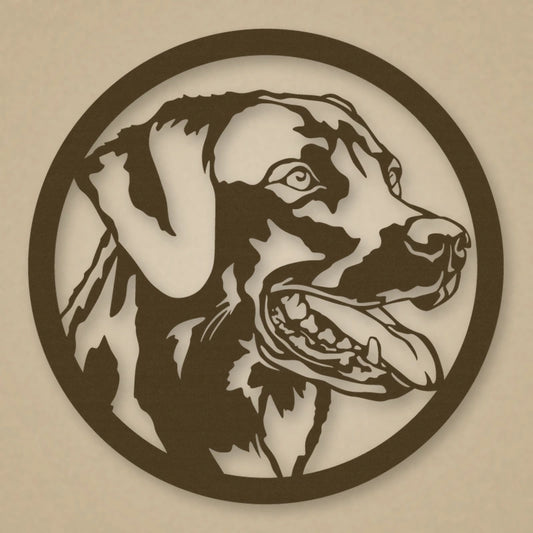 Labrador Dog Silhouette Metal Sign shown in Metallic Bronze powder coat finish.
