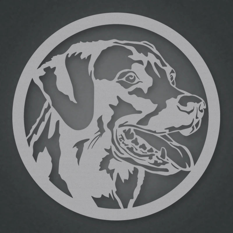 Labrador Dog Silhouette Metal Sign shown in Metallic Silver powder coat finish.