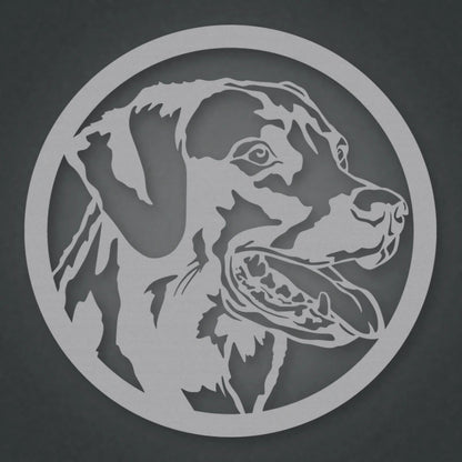 Labrador Dog Silhouette Metal Sign shown in Metallic Silver powder coat finish.
