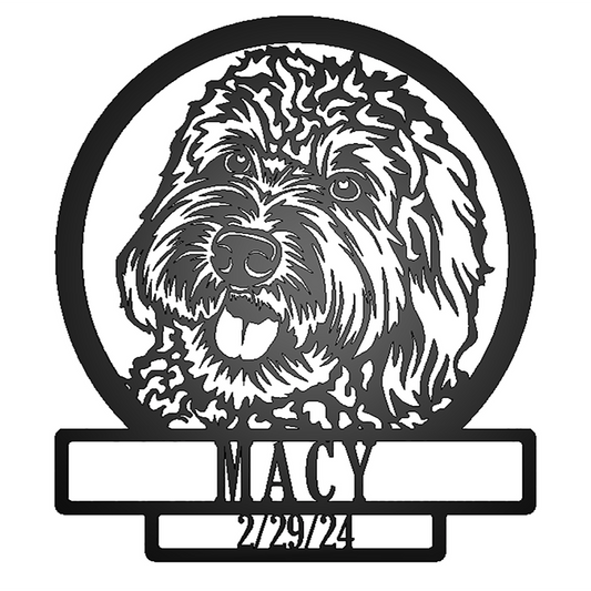 Labradoodle Dog Silhouette with Personalized Name and Date Metal Sign