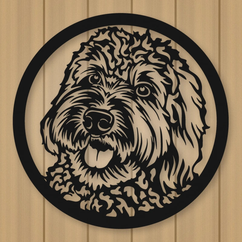Labradoodle Dog Silhouette Metal Sign shown in Matte Black powder coat finish.