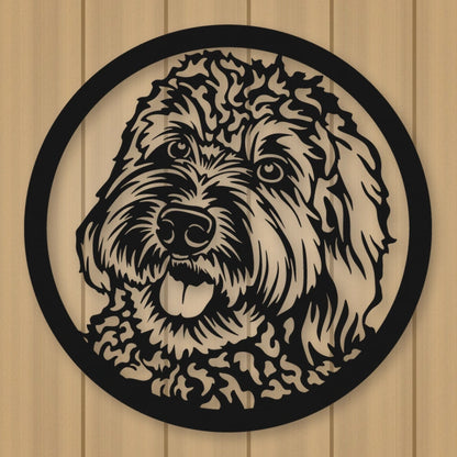 Labradoodle Dog Silhouette Metal Sign shown in Matte Black powder coat finish.